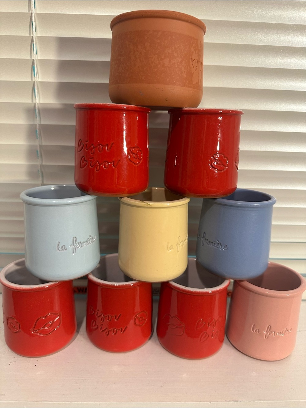 Lot of 10 La Fermiere Blue/ Yellow/Pink/Red Terra Cotta Yogurt Pots Assorted Col